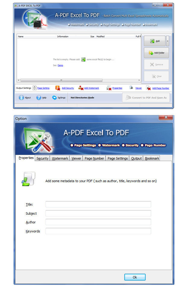 screenshots for A-PDF excel to PDF